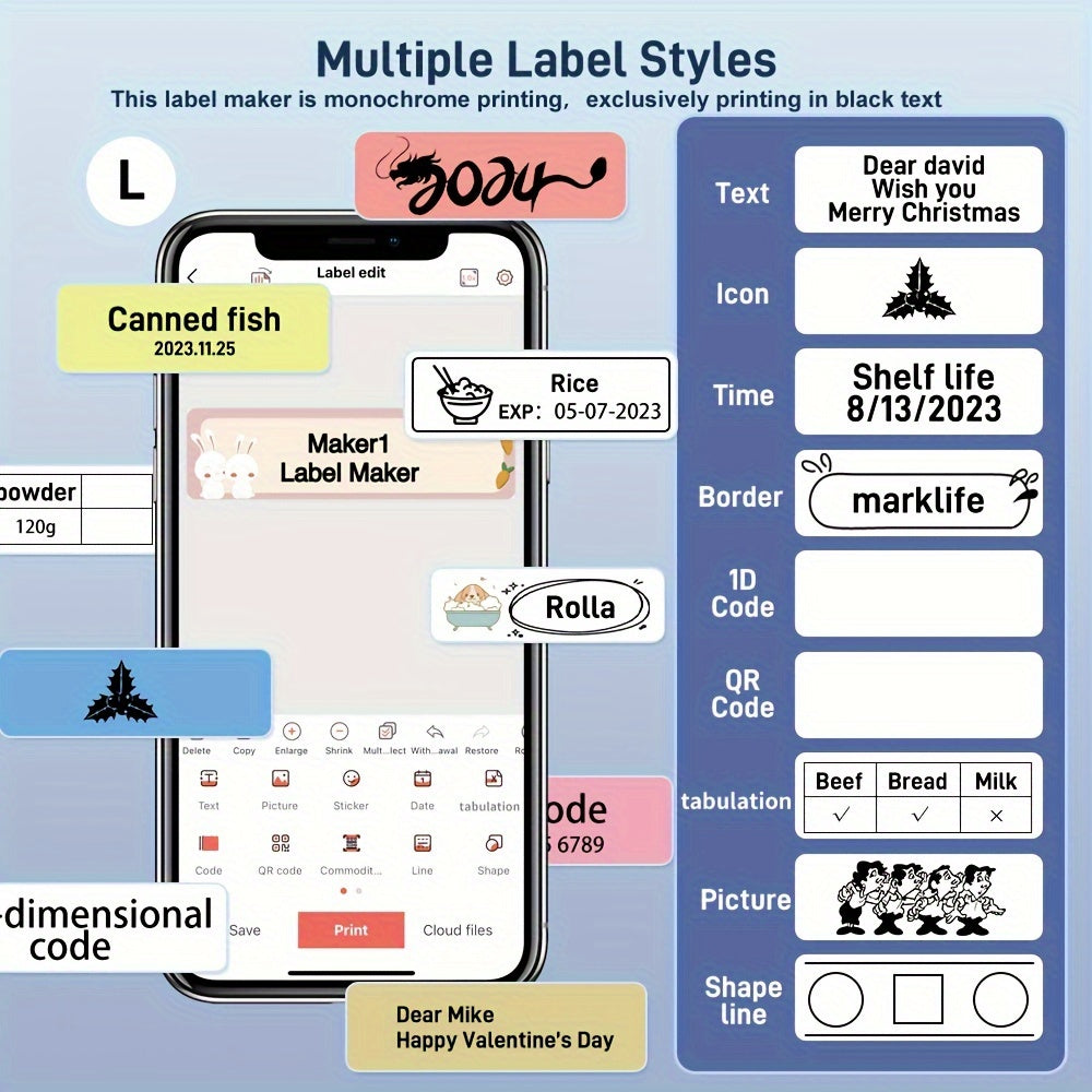 Mini Wireless Thermal Label Printer Inkless Sticker Maker with Multiple Templates Rechargeable Battery for Home Office Use
