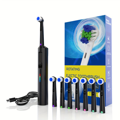 Electric Toothbrush for Men Women 3 Modes Rotating 4/8 Brush Heads Type-C Charging Deep Cleaning Soft Bristles IPX7 Waterproof Tongue Scraper