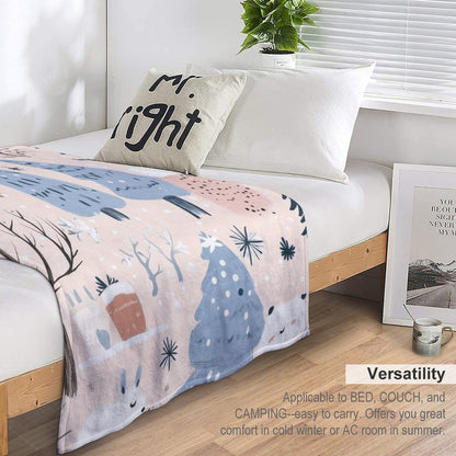 Anti-Pilling Flannel Blanket Winter Forest and Snowman Design
