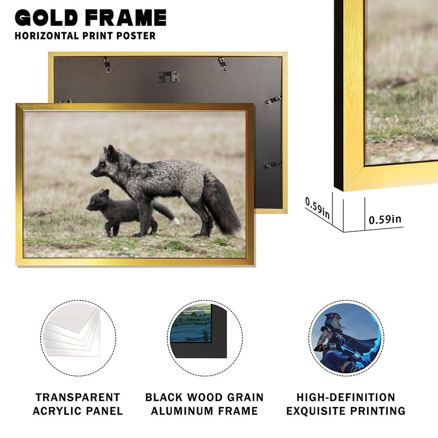 Nordic Fox Wall Picture Animal Art in Golden Frame
