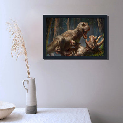 Dinosaur Battle Wall Art Black Frame Prehistoric Decor-4K