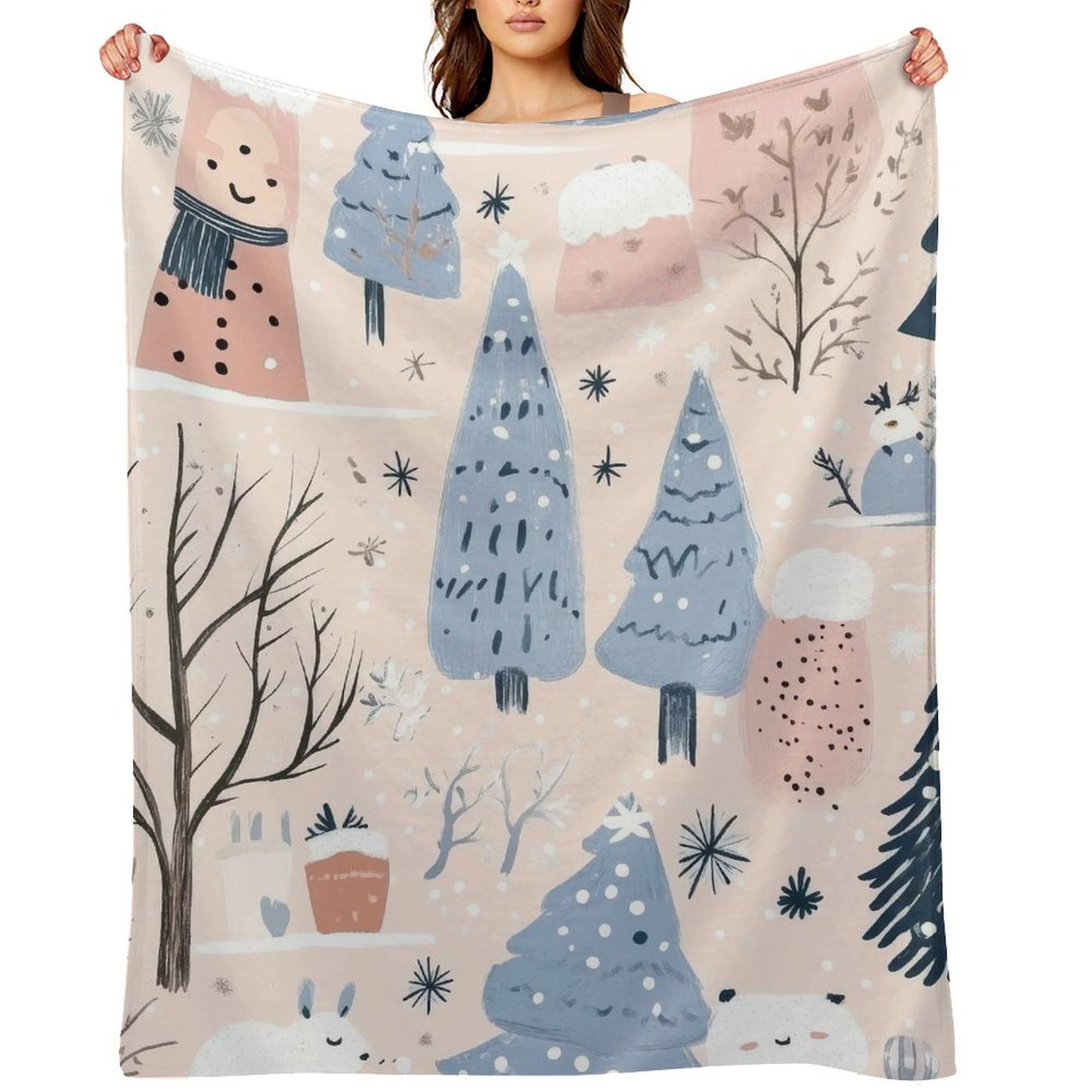 Anti-Pilling Flannel Blanket Winter Forest and Snowman Design