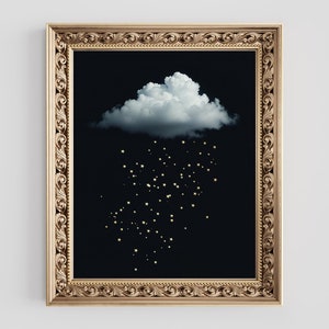 Gold Foil Cloud Raining Stars Print: Dark Academia Wall Art