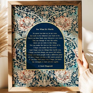 For What its Worth - F Scott Fitzgerald Quote - Gold Foil Print - William Morris Art - Literary Quote - 8.5x11 inch