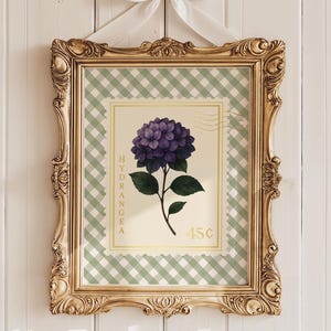 Vintage Hydrangea Stamp Gold Foil Print - Southern Floral Wall Art - Botanical Floral Wall Art with Gingham