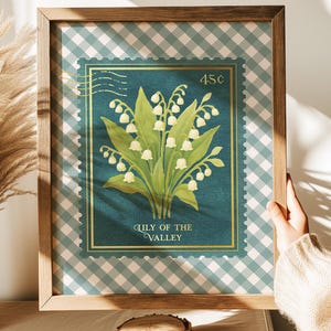 Vintage Lily of the Valley Stamp Print - Gold Foil Southern Floral Art - Blue Botanical Floral Wall Art with Gingham