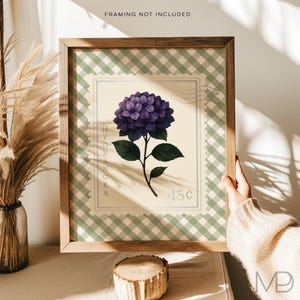 Vintage Hydrangea Stamp Gold Foil Print - Southern Floral Wall Art - Botanical Floral Wall Art with Gingham