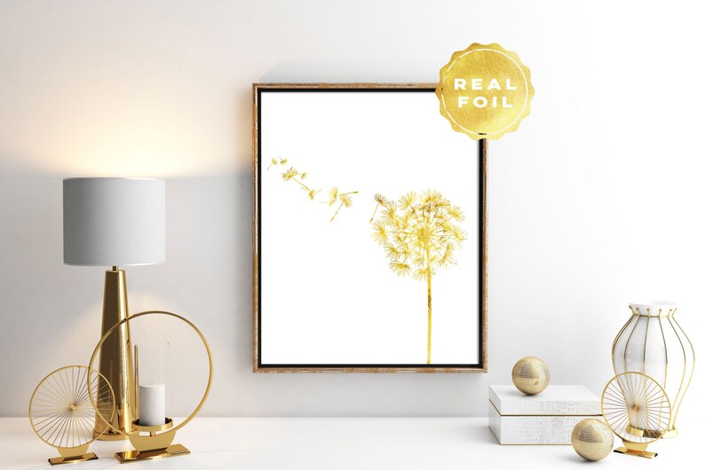 Dandelion Gold Foil - Gold Foil Dandelion Art Print - Gold Floral Print - Dandelion Wall Art - Gold Room Decor - Botanical Art