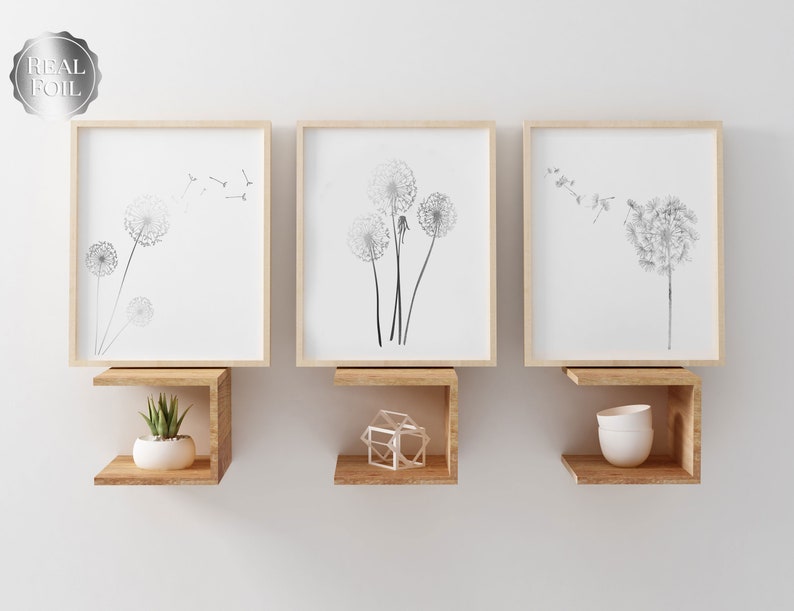 Dandelion Print set of 3 - Gold Foil Dandelion Print - Gold Floral Print - Dandelion Wall Art - Summer Wall Decor - Botanical Wall Art