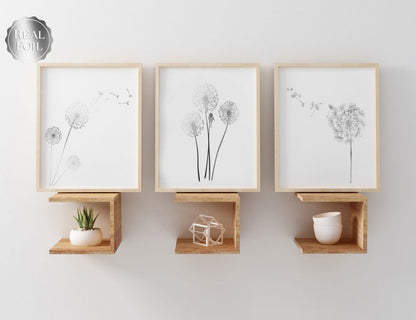 Dandelion Print set of 3 - Gold Foil Dandelion Print - Gold Floral Print - Dandelion Wall Art - Summer Wall Decor - Botanical Wall Art