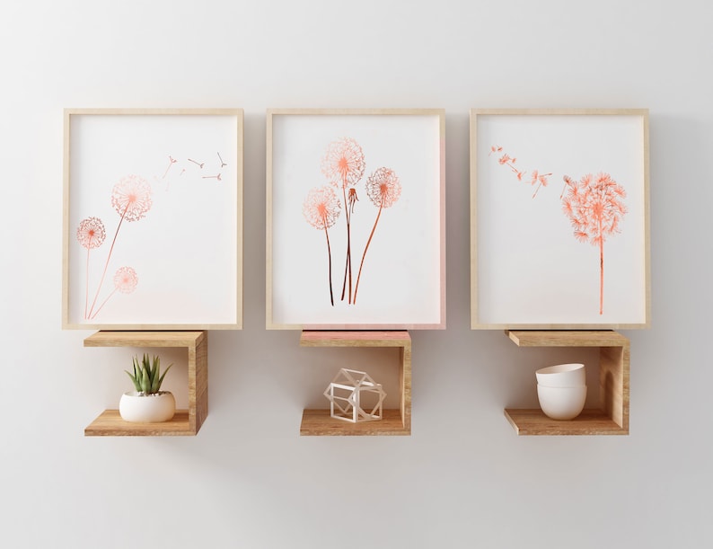 Dandelion Print set of 3 - Gold Foil Dandelion Print - Gold Floral Print - Dandelion Wall Art - Summer Wall Decor - Botanical Wall Art