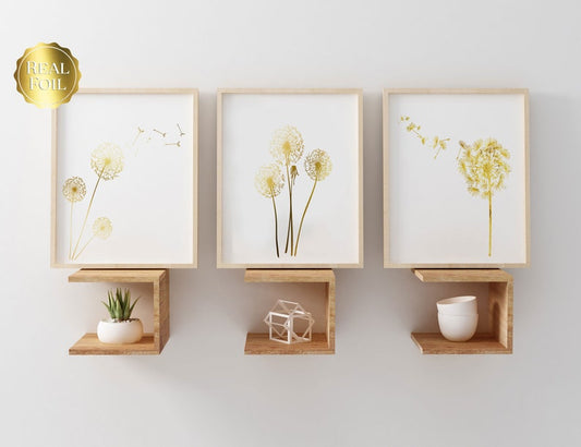 Dandelion Print set of 3 - Gold Foil Dandelion Print - Gold Floral Print - Dandelion Wall Art - Summer Wall Decor - Botanical Wall Art