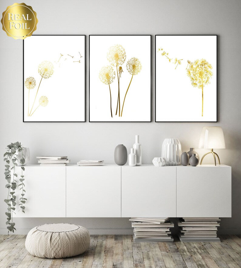Dandelion Print set of 3 - Gold Foil Dandelion Print - Gold Floral Print - Dandelion Wall Art - Summer Wall Decor - Botanical Wall Art