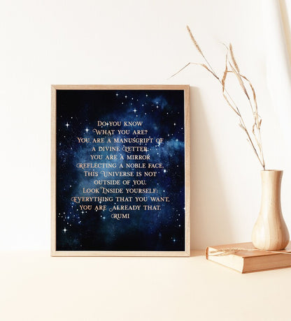 Rumi Quote Divine Letter - Do You Know What You Are - Poetry Art Print - Gold Foil - 8.5x11 inches