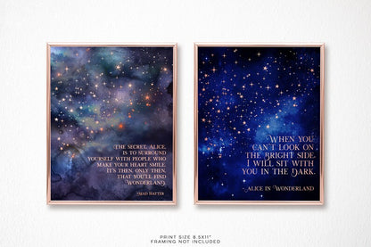Alice in Wonderland Quotes - Set of 2 - The Secret Quote - Bright Side Quote - Mad Hatter Quote - Lewis Carroll - 8.5x11 inches