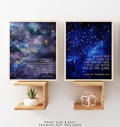 Alice in Wonderland Quotes - Set of 2 - The Secret Quote - Bright Side Quote - Mad Hatter Quote - Lewis Carroll - 8.5x11 inches