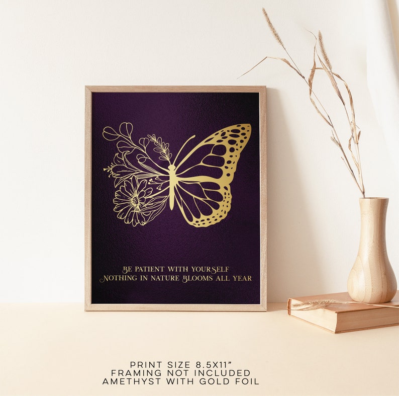 Be Patient with Yourself - Therapy Office Decor - Psychologist Office - Floral Butterfly Print - Social Worker Gift - 8.5x11 inches