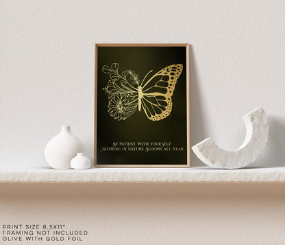 Be Patient with Yourself - Therapy Office Decor - Psychologist Office - Floral Butterfly Print - Social Worker Gift - 8.5x11 inches