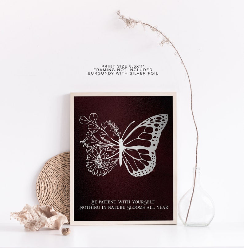 Be Patient with Yourself - Therapy Office Decor - Psychologist Office - Floral Butterfly Print - Social Worker Gift - 8.5x11 inches