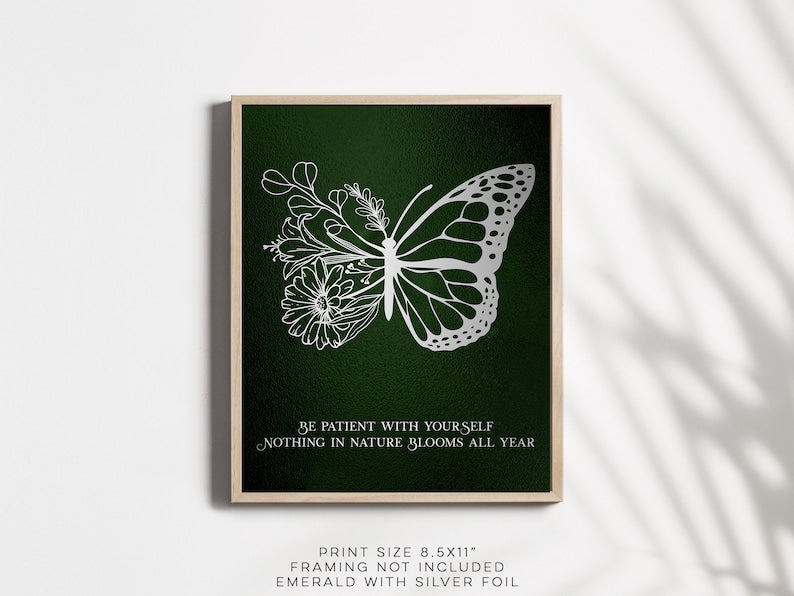Be Patient with Yourself - Therapy Office Decor - Psychologist Office - Floral Butterfly Print - Social Worker Gift - 8.5x11 inches