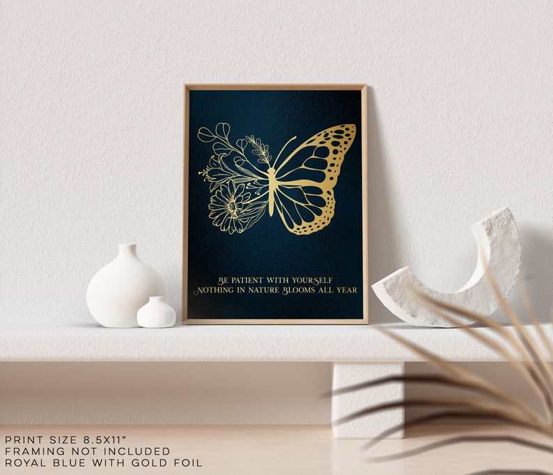 Be Patient with Yourself - Therapy Office Decor - Psychologist Office - Floral Butterfly Print - Social Worker Gift - 8.5x11 inches