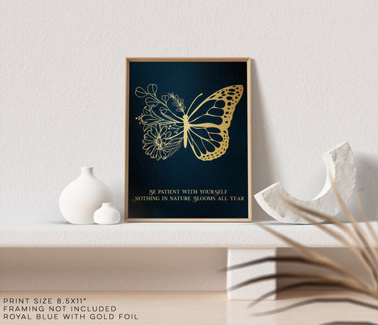 Be Patient with Yourself - Therapy Office Decor - Psychologist Office - Floral Butterfly Print - Social Worker Gift - 8.5x11 inches