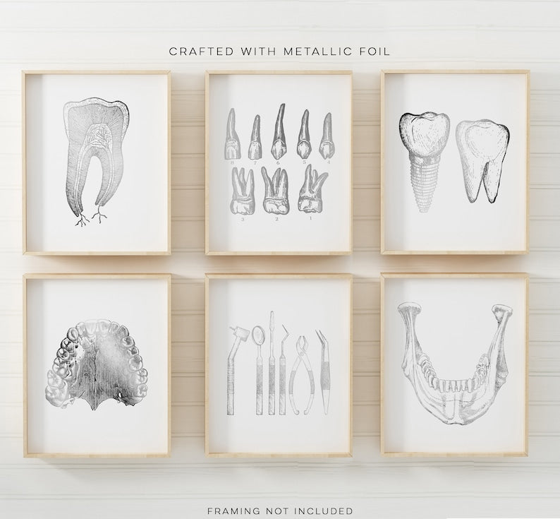Dentist Gift - Dental Wall Art Set of 6 Prints - Orthodontist gift - Dental Office Decor - DDS, DMD gift - Gold Foil Print