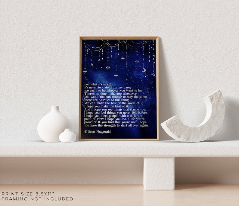 Fitzgerald Quote Gold Foil Print - For What its Worth - Inspirational Quotes - Inspirational Wall Art - Literary Quote - 8.5x11 inch