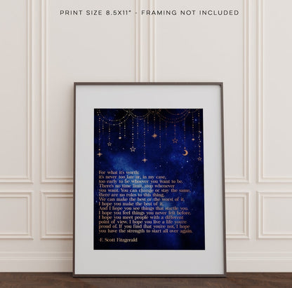 Fitzgerald Quote Gold Foil Print - For What its Worth - Inspirational Quotes - Inspirational Wall Art - Literary Quote - 8.5x11 inch