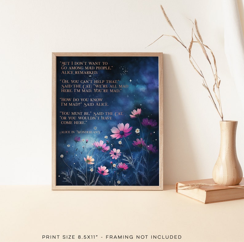 Alice in Wonderland Quote Print - We're All Mad Here - Cheshire Cat - Alice in Wonderland Decorations - Lewis Carroll - 8.5x11 inches