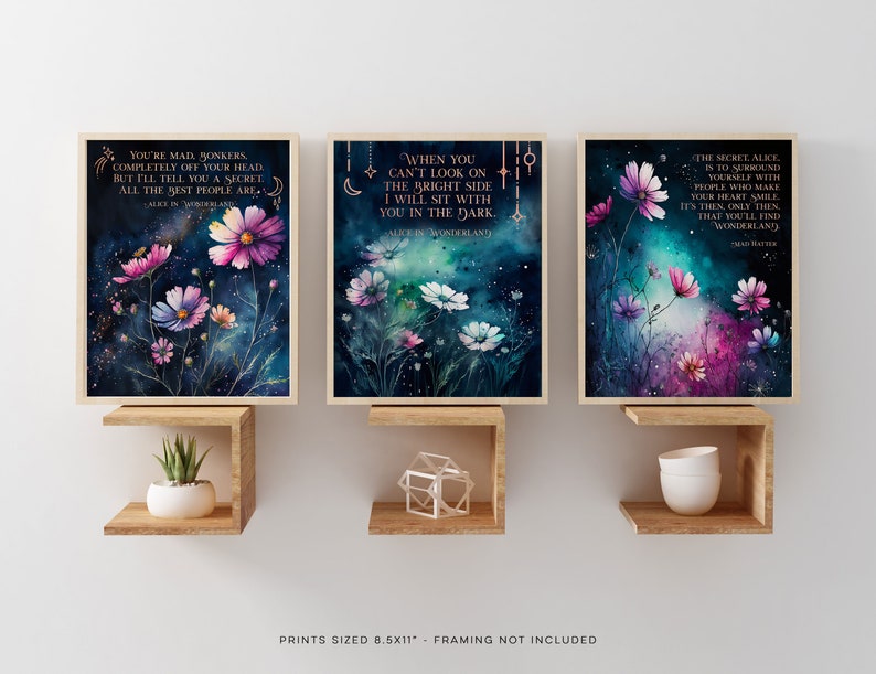 Alice in Wonderland Quotes 3 Piece Wall Art - When You Can't Look on the Bright Side - Book Lover Gift - Lewis Carroll - 8.5x11 inches