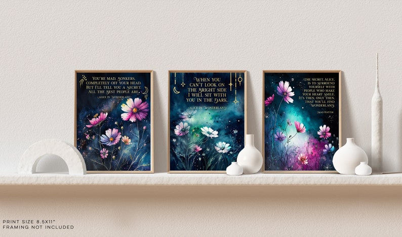 Alice in Wonderland Quotes 3 Piece Wall Art - When You Can't Look on the Bright Side - Book Lover Gift - Lewis Carroll - 8.5x11 inches