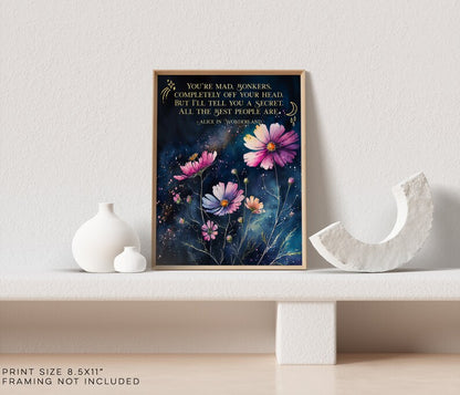 Alice in Wonderland Quotes Set of 2 Prints - Bright Side Quote - You're Mad Bonkers - Gold Foil Print - Lewis Carroll - 8.5x11 inches