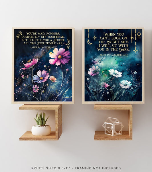 Alice in Wonderland Quotes Set of 2 Prints - Bright Side Quote - You're Mad Bonkers - Gold Foil Print - Lewis Carroll - 8.5x11 inches