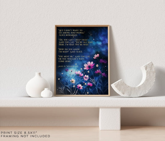 Alice in Wonderland Quote Print - We're All Mad Here - Cheshire Cat - Alice in Wonderland Decorations - Lewis Carroll - 8.5x11 inches