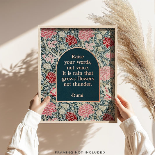Rumi Raise Your Words Not Voice - Gold Foil Print - Speaker Gift - William Morris Flowers Art