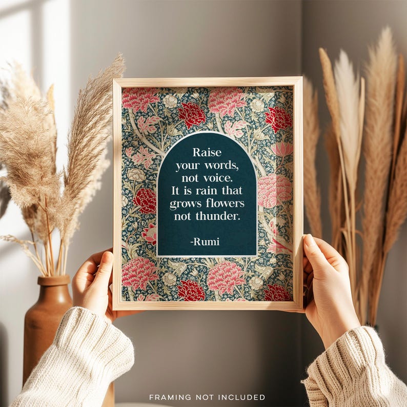 Rumi Raise Your Words Not Voice - Gold Foil Print - Speaker Gift - William Morris Flowers Art