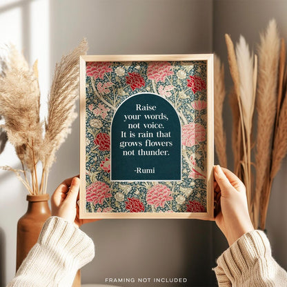 Rumi Raise Your Words Not Voice - Gold Foil Print - Speaker Gift - William Morris Flowers Art