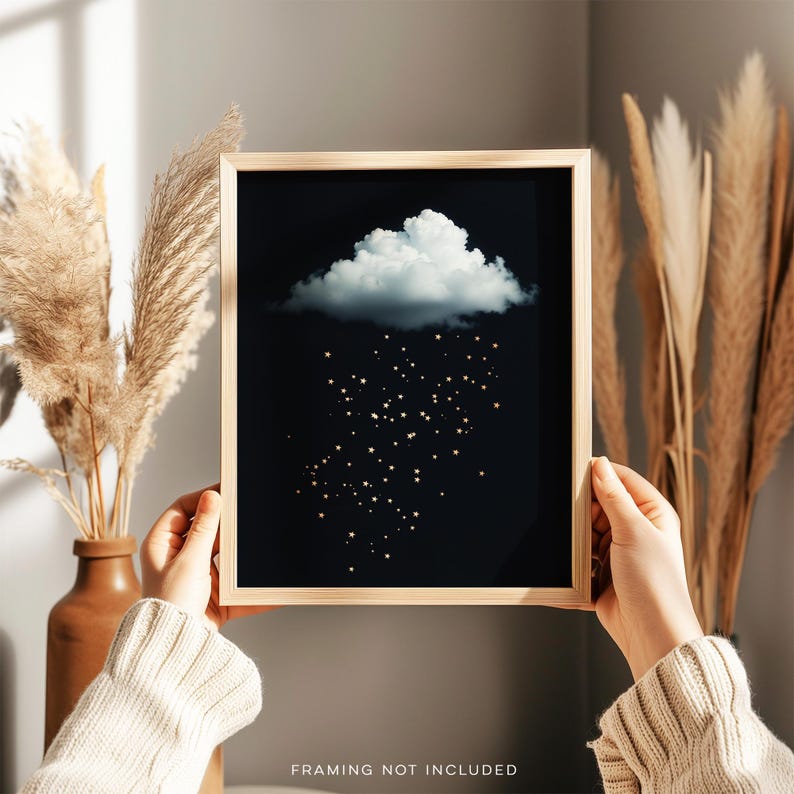 Gold Foil Cloud Raining Stars Print: Dark Academia Wall Art