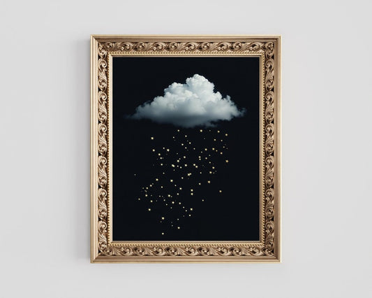 Gold Foil Cloud Raining Stars Print: Dark Academia Wall Art