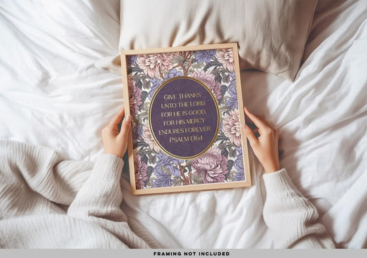 Give Thanks To The Lord For He Is Good, Psalm 136:1, Gold Foil Print, Scripture Art, Christian Wall Art, Wildflower Art, William Morris