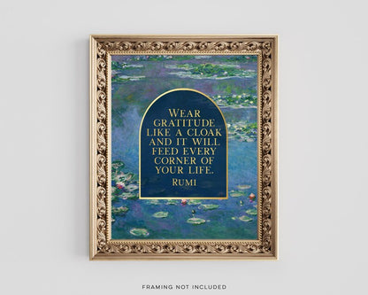 Rumi Poetry Wall Art - Gold Foil Print - Wear Gratitude - Claude Monet Water Lilies
