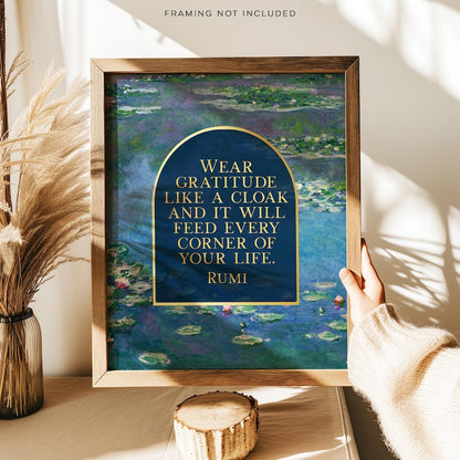 Rumi Poetry Wall Art - Gold Foil Print - Wear Gratitude - Claude Monet Water Lilies