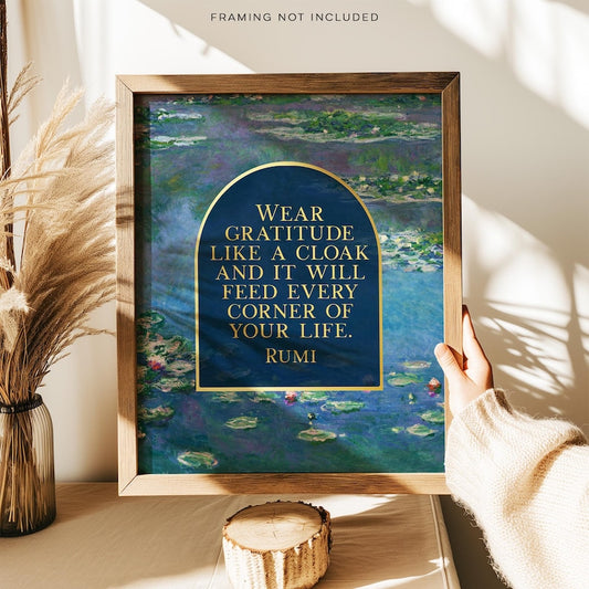 Rumi Poetry Wall Art - Gold Foil Print - Wear Gratitude - Claude Monet Water Lilies