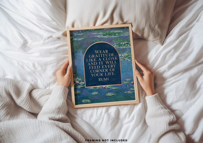 Rumi Poetry Wall Art - Gold Foil Print - Wear Gratitude - Claude Monet Water Lilies