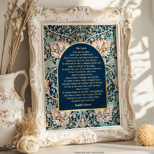 Kahlil Gibran 'On Love' Gold Foil Print - William Morris Inspired Art