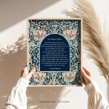 For What its Worth - F Scott Fitzgerald Quote - Gold Foil Print - William Morris Art - Literary Quote - 8.5x11 inch