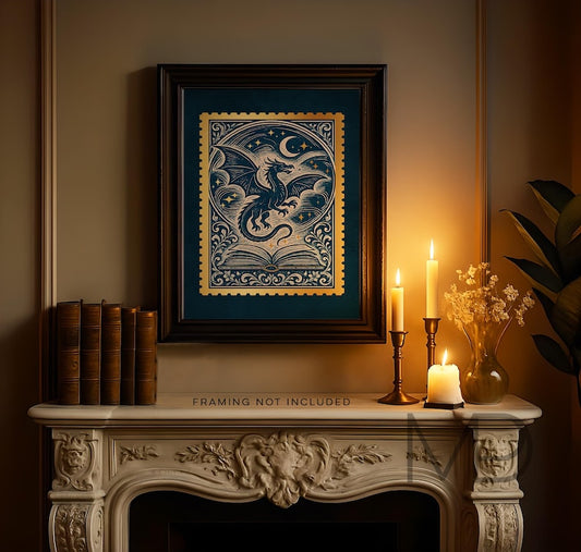 Gold Foil Dragon Postage Stamp Art Print: Dark Academia Decor