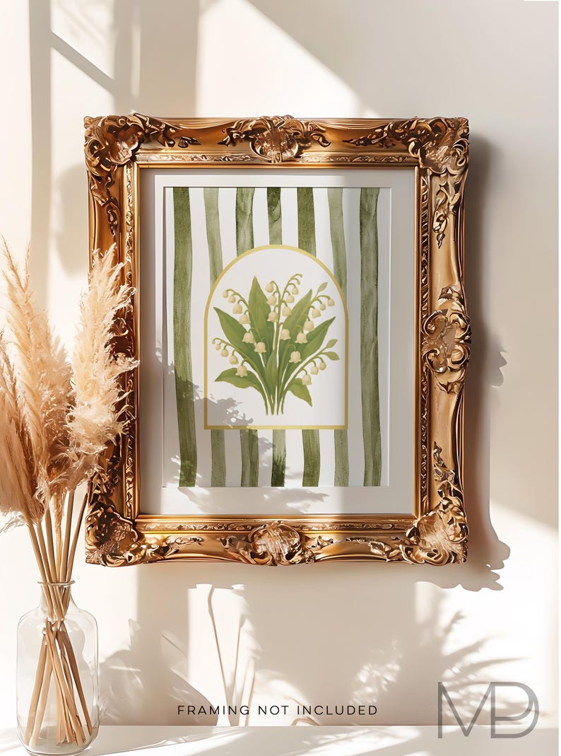 Modern Southern Floral Wall Art - Lily of the Valley Art Print - Gold Foil Print - Grandmillennial Art - Elegant Preppy Chinoiserie Decor
