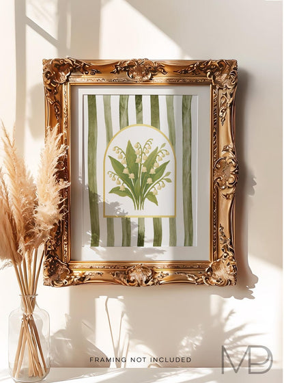Modern Southern Floral Wall Art - Lily of the Valley Art Print - Gold Foil Print - Grandmillennial Art - Elegant Preppy Chinoiserie Decor